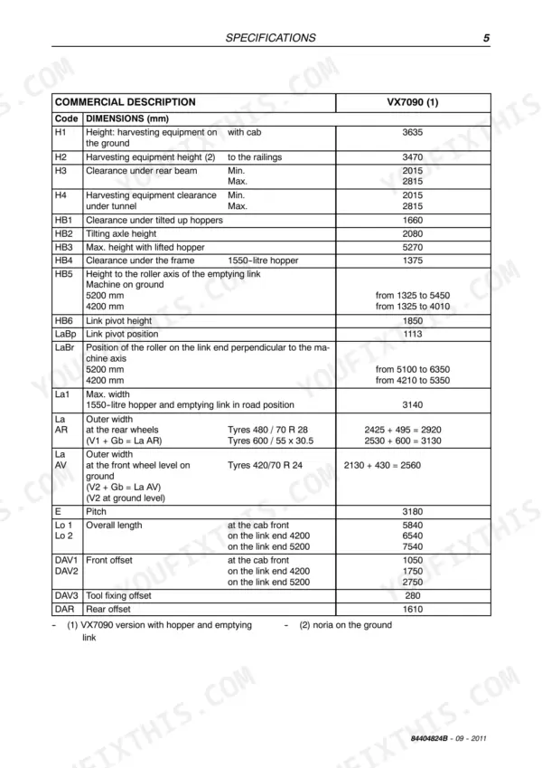 New Holland VX7090, VX 680 technical specifications table detailing dimensions, heights, widths, and offsets in millimeters.