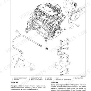 New Holland W110B engine installation diagram showing rubber isolator, mount bolt, and oil drain hose assembly procedures.