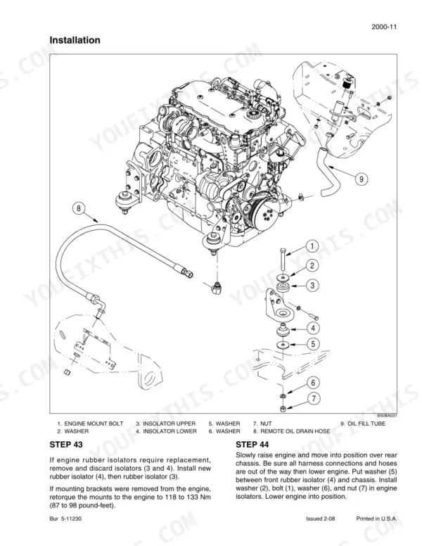 new-holland-w110b-wheel-loader-service-manual-84249879-exploded-view-39.webp New Holland W110B engine installation diagram showing rubber isolator, mount bolt, and oil drain hose assembly procedures.