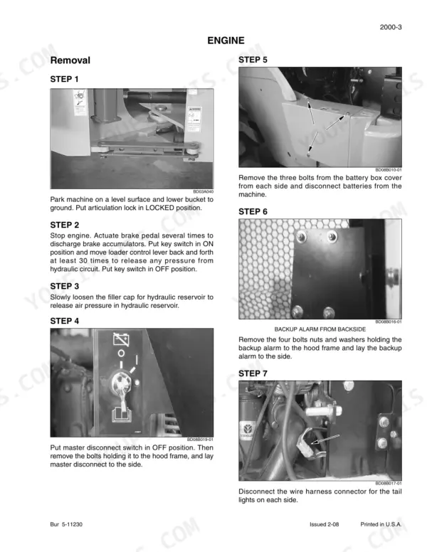 New Holland W110B engine removal procedure steps 1-7, including battery box, backup alarm, and wire harness disconnection.
