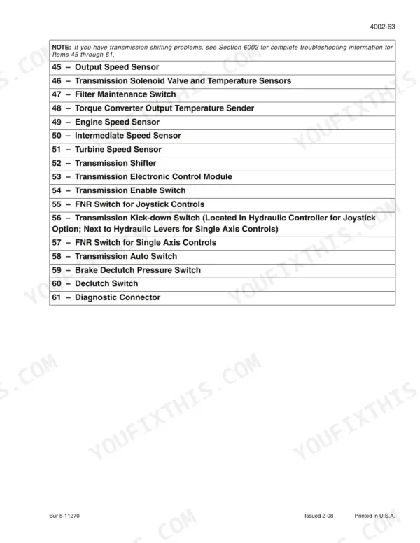 New Holland W110B transmission component list, items 45-61, including sensors, switches, and electronic control module.