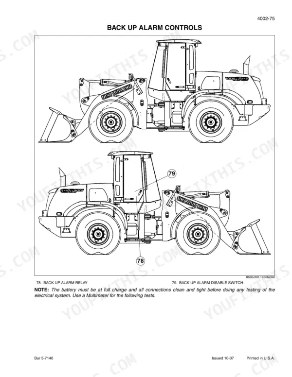 New Holland W130B back up alarm controls diagram showing relay and disable switch locations on the wheel loader.
