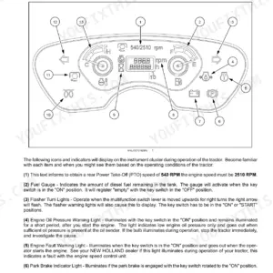 New Holland Workmaster 25 instrument cluster panel diagram and indicator light descriptions for controls and instruments.