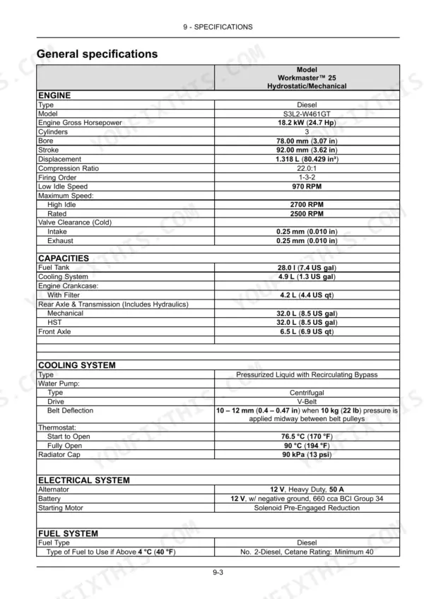 New Holland Workmaster 25 general specifications table for engine, capacities, cooling, electrical, and fuel systems.