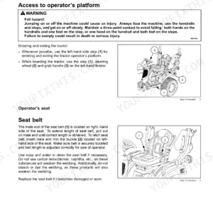 New Holland Workmaster 25S operator platform access and seat belt adjustment procedures with component diagrams.