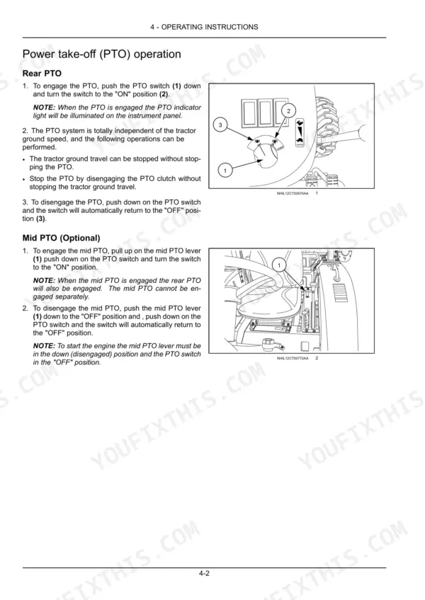 New Holland WORKMASTER 35, WORKMASTER 40 operating instructions for engaging and disengaging rear and mid PTO systems.