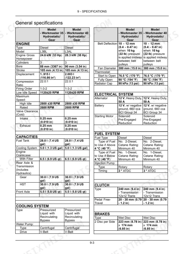 New Holland WORKMASTER 35, WORKMASTER 40 general specifications table for engine, cooling, electrical, fuel, clutch, and brakes.