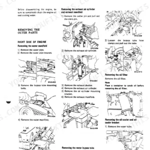 Nissan NE6, NE6T engine disassembly procedures for water manifold, exhaust manifold, oil filter, and oil cooler.