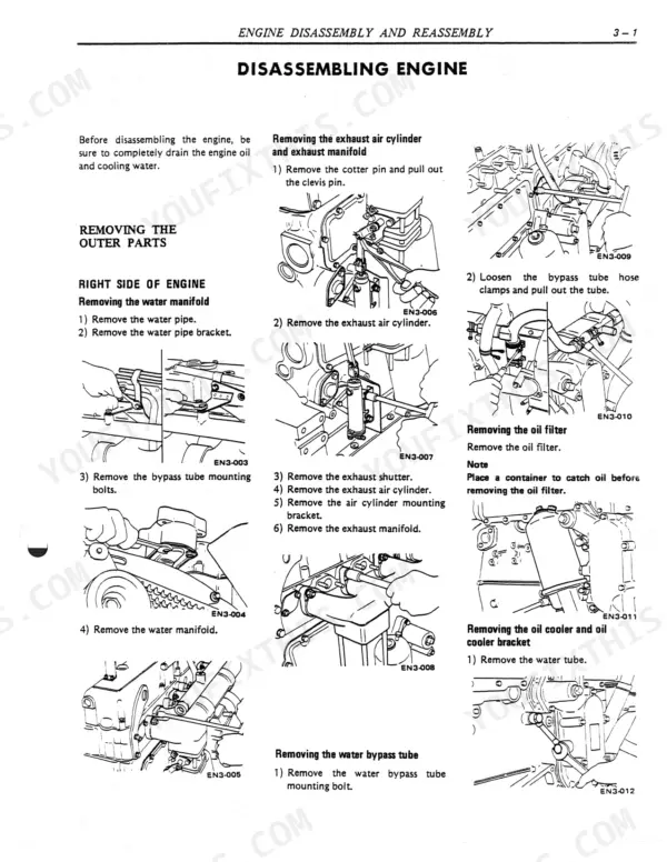 nissan-ne6-diesel-engine-shop-manual-8506343-13906-500-kis-procedures-31.webp Nissan NE6, NE6T engine disassembly procedures for water manifold, exhaust manifold, oil filter, and oil cooler.