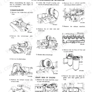 Nissan PD6, PD6T engine disassembly procedures, showing turbocharger, exhaust manifold, and water manifold removal steps.