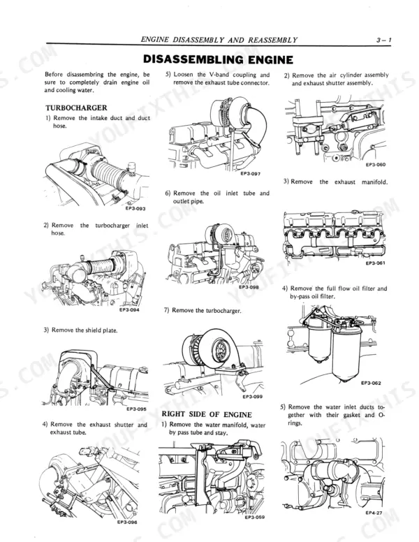 nissan-pd6-pd6t-diesel-engine-service-manual-smepds1e00-00-procedures-32.webp Nissan PD6, PD6T engine disassembly procedures, showing turbocharger, exhaust manifold, and water manifold removal steps.