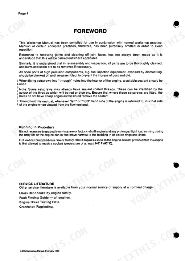 Perkins 4.2032 workshop manual foreword, engine running-in procedure, and list of available service literature.