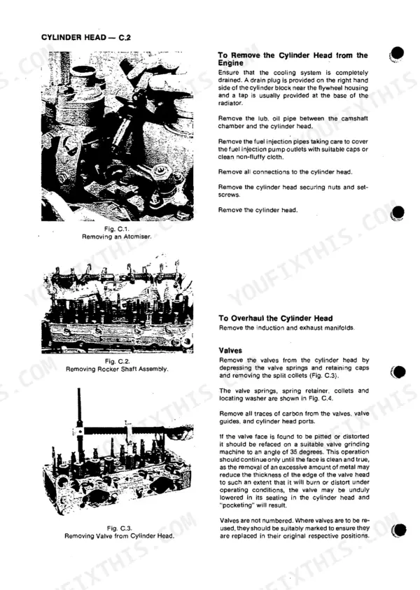 perkins-4-2032-diesel-engine-shop-manual-601tpd07911158-procedures-26.webp Perkins 4.2032 cylinder head removal, rocker shaft assembly, and valve removal procedures with illustrated diagrams.