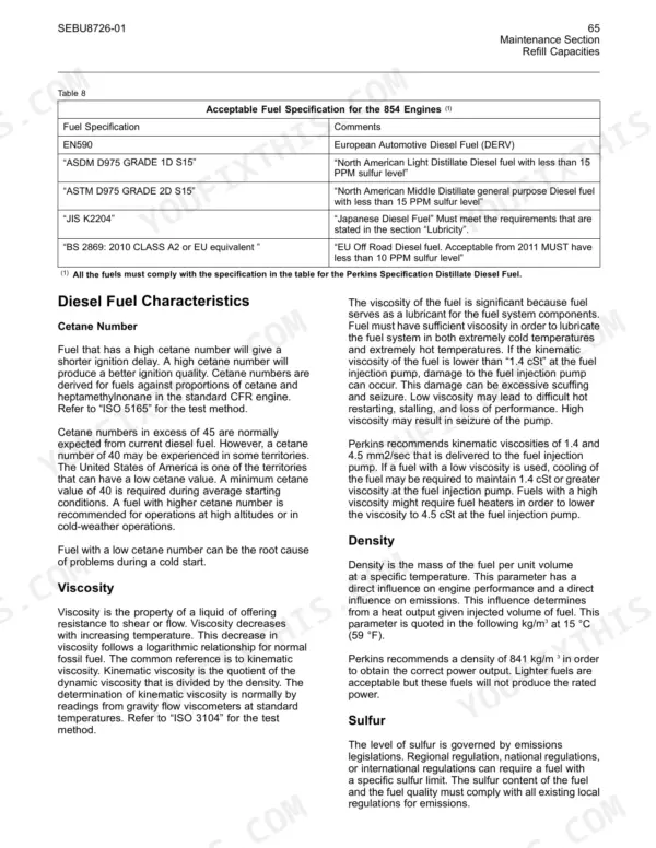 Perkins 854E-E34TA, 854F-E34T table of acceptable fuel specifications, cetane number, viscosity, density, and sulfur requirements.