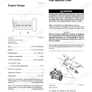 Perkins 854E-E34TA, 854F-E34T engine specifications, cylinder location diagram, and fuel injection line torque procedures.