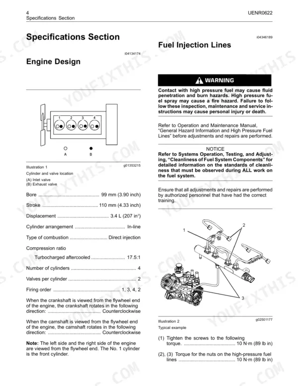 perkins-854e-e34ta-854f-e34t-industrial-engine-repair-manual-647173en-specs-6.webp Perkins 854E-E34TA, 854F-E34T engine specifications, cylinder location diagram, and fuel injection line torque procedures.