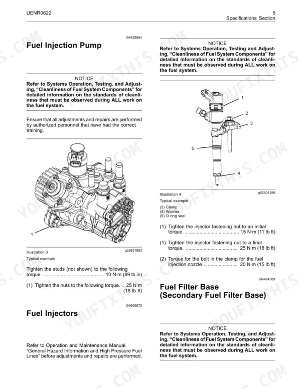 Perkins 854E-E34TA, 854F-E34T fuel injection pump and injector torque specifications and component diagrams.
