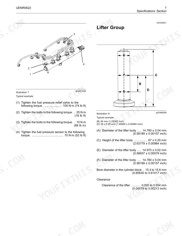 Perkins 854E-E34TA, 854F-E34T fuel rail torque specs and lifter group dimensions diagram.
