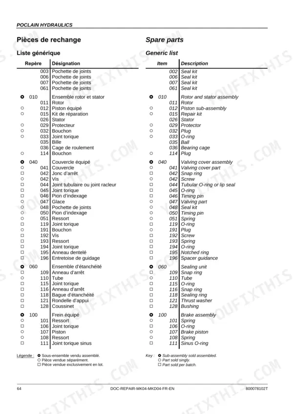 Poclain Hydraulics MK04, MKD04 spare parts list including rotor, valving cover, sealing unit, and brake assembly components.