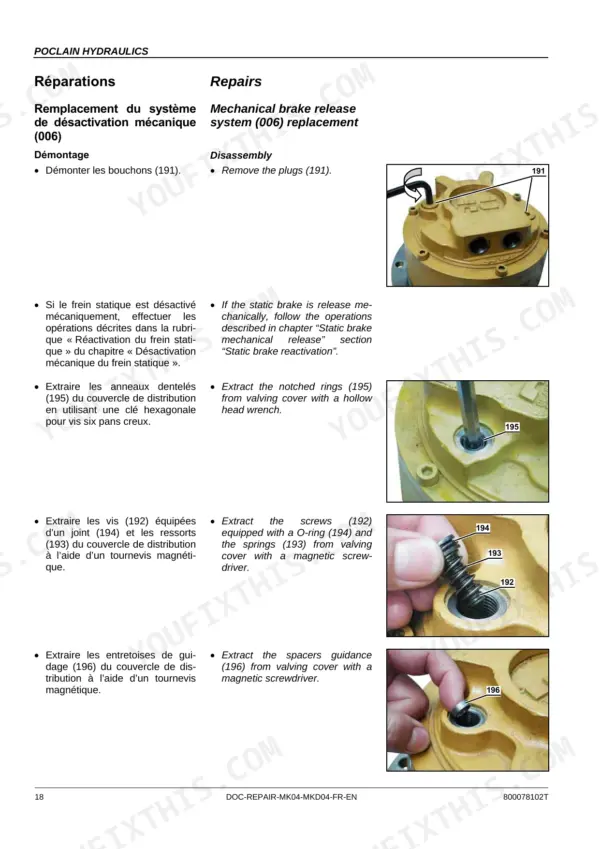 poclain-hydraulics-mk04-mkd04-hydraulic-motor-repair-manual-800078102t-procedures-18.webp Poclain Hydraulics MK04, MKD04 mechanical brake release system replacement disassembly procedure with component photos.