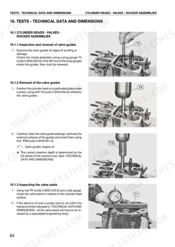 SAME Deutz-Fahr Serie 1000 3/4/6-cylinder: procedures for inspecting and renewing valve guides and valve seats.