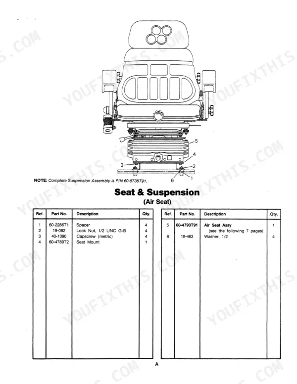 Steiger Series I-IV tractor air suspension seat exploded view with numbered parts table