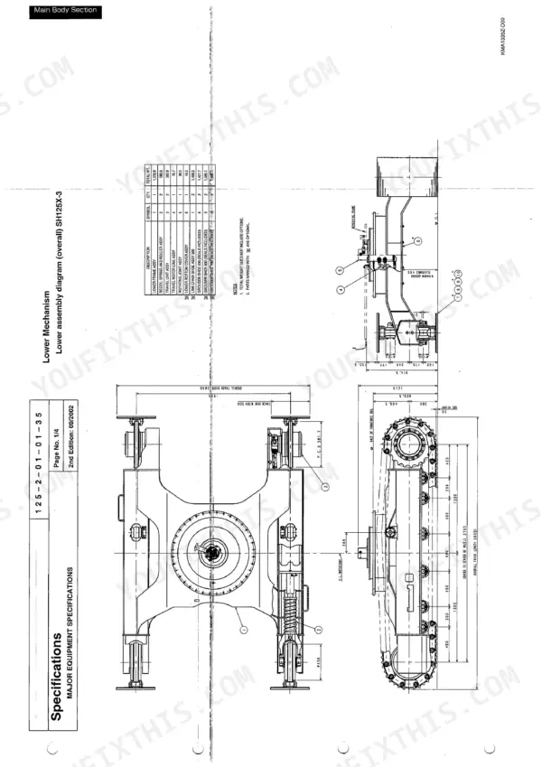 sumitomo-sh125x-3-sh135x-3-hydraulic-excavator-service-manual-125-1-00-00-12-exploded-view-35.webp Sumitomo SH125X-3, SH135X-3 lower mechanism exploded view diagram showing frame, track, and recoil spring components.