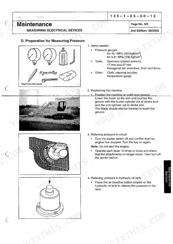 Sumitomo SH125X-3, SH135X-3 maintenance procedure for preparing to measure hydraulic pressure and relieving circuit pressure.