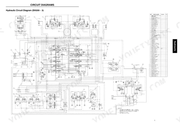 Sumitomo SH200-3, SH220-3 hydraulic circuit diagram showing main control valves, pumps, and component parts list.