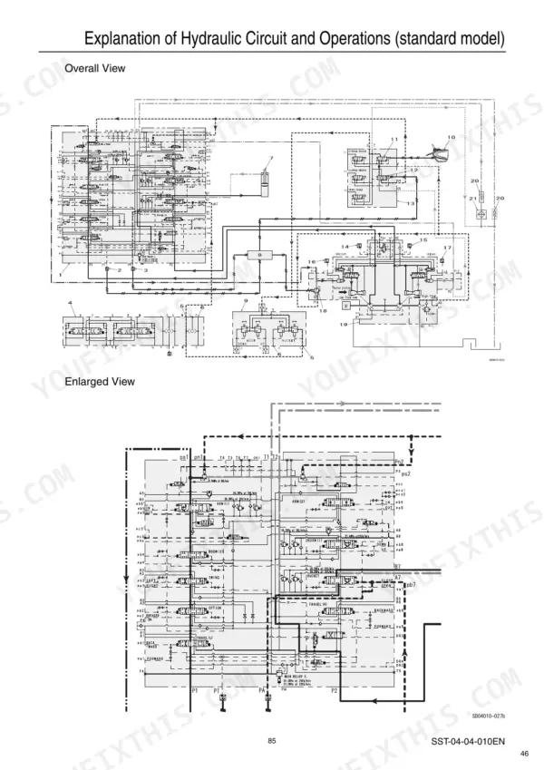 Sumitomo SH330-5, SH330LC-5, SH350HD-5, SH350LHD-5 hydraulic circuit diagram showing overall and enlarged system views.