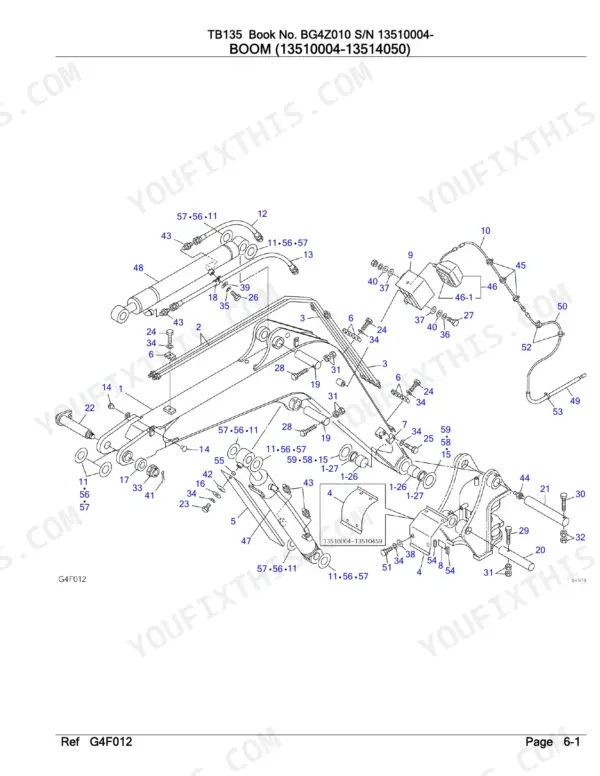 Takeuchi TB135 exploded view diagram of boom assembly, including hydraulic cylinders, pins, bushings, and mounting hardware.