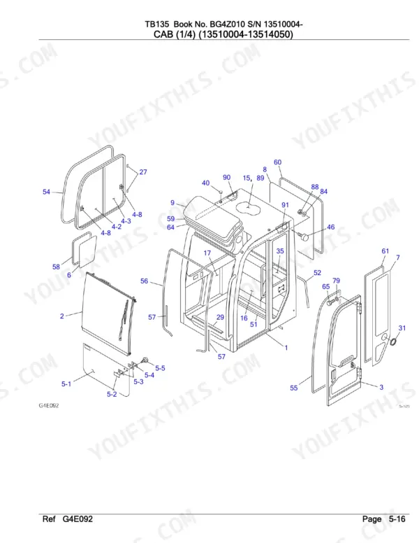 Takeuchi TB135 exploded view diagram of cab assembly components, including doors, windows, seals, and frame parts.