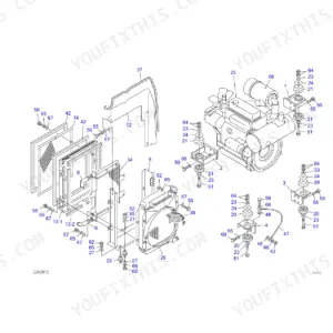 Takeuchi TB135 exploded view of engine, radiator, and cooling system components with numbered part callouts from the parts manual.