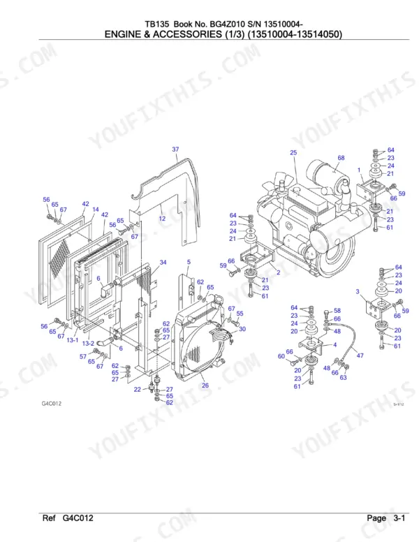 takeuchi-tb135-hydraulic-excavator-parts-catalog-bg4z010-engine-parts-98.webp Takeuchi TB135 exploded view of engine, radiator, and cooling system components with numbered part callouts from the parts manual.
