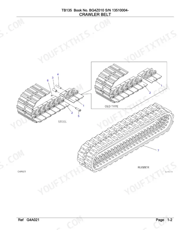 Takeuchi TB135 exploded view diagram of steel and rubber crawler belt components and track assembly parts.