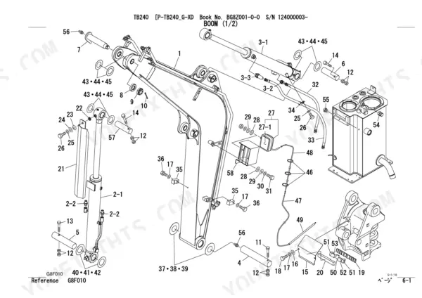 Takeuchi TB240 exploded view diagram of boom assembly, including hydraulic cylinders, pins, hoses, and mounting hardware.