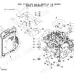 Takeuchi TB240 exploded view of engine, radiator, air cleaner, and mounting hardware components.
