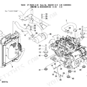 Takeuchi TB240 exploded view of engine, radiator, air cleaner, and mounting hardware components.