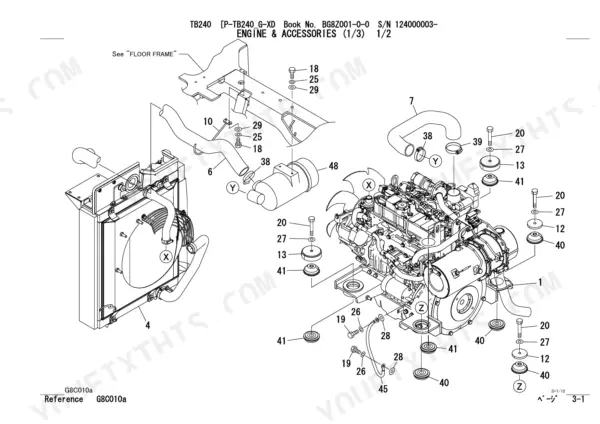 takeuchi-tb240-mini-excavator-parts-catalog-bg8z001-0-0-engine-parts-60.webp Takeuchi TB240 exploded view of engine, radiator, air cleaner, and mounting hardware components.