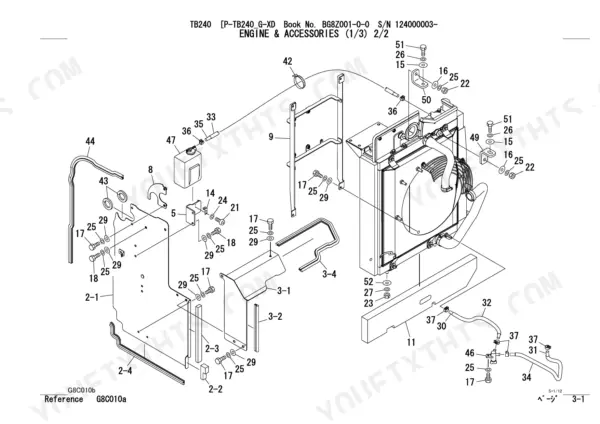 Takeuchi TB240 exploded view of engine cooling system, radiator, shroud, and mounting hardware components.
