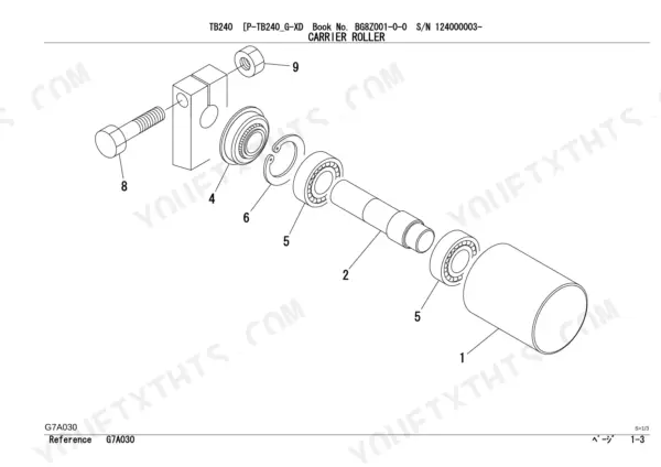 Takeuchi TB240 exploded view diagram of the carrier roller assembly showing shaft, bearings, snap ring, and mounting hardware.