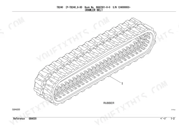 Takeuchi TB240 crawler belt exploded view diagram showing rubber track assembly components.
