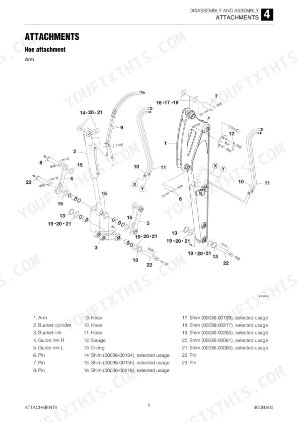 Takeuchi TB295W hoe attachment arm exploded view with parts callouts