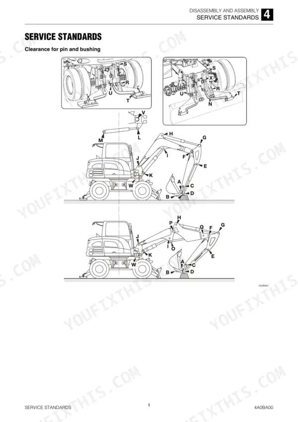 Takeuchi TB295W service standards: pin and bushing clearance table