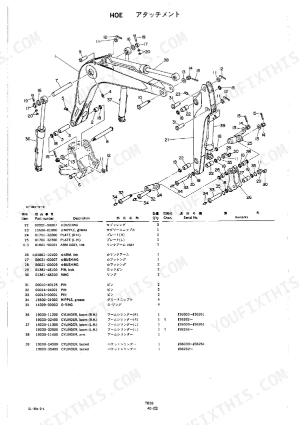 Takeuchi TB36 exploded view diagram of hoe attachment, boom, arm, and bucket cylinders with corresponding parts list table.