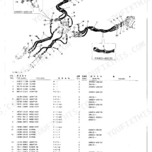 Takeuchi TB36 lower piping exploded view diagram and parts list for hydraulic hoses, adaptors, and guards.