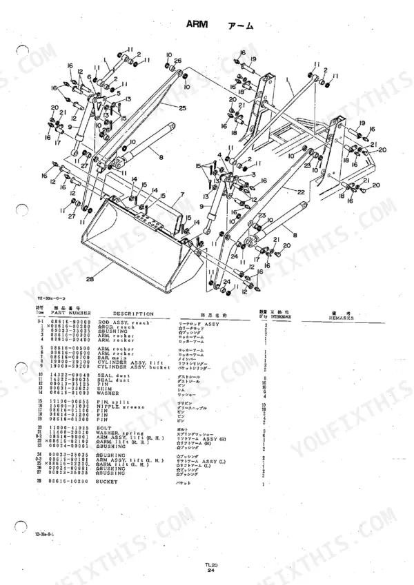Takeuchi TL20 exploded view diagram of the arm assembly, including lift cylinders, bucket, and associated hardware parts list.