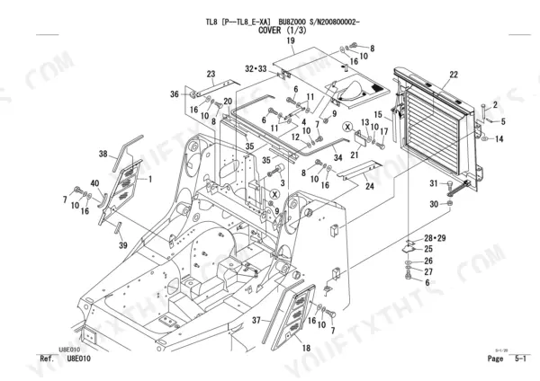Takeuchi TL8 exploded view diagram of the engine cover and radiator assembly components with numbered parts list.