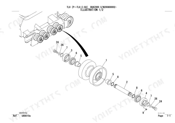 Takeuchi TL8 exploded view diagram of the track roller assembly showing shaft, bushings, seals, and mounting hardware.