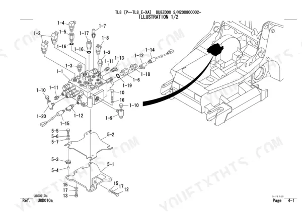 Takeuchi TL8 exploded view of the main hydraulic control valve assembly, fittings, and mounting bracket components.